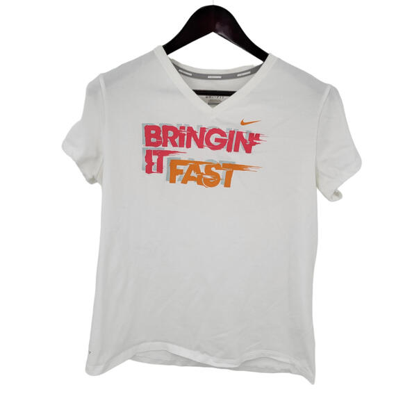 Nike T Shirt Womens XL Bringin it Fast Running Runners 627054-100 White - Picture 1 of 13